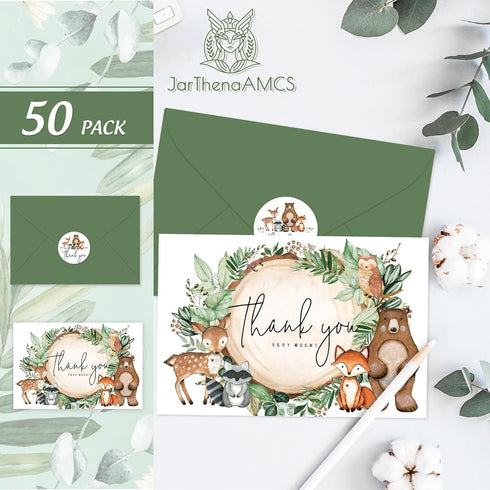 50 Packs JarThenaAMCS Woodland Thank You Cards Woodland Animal Watercolor Greeting Cards Boxed with Envelopes