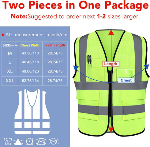 XPCARE 2-Pack Reflective Safety Vest For Women Men - High Visibility Security Vest- Pockets and Zipper Front - Neon Green Color