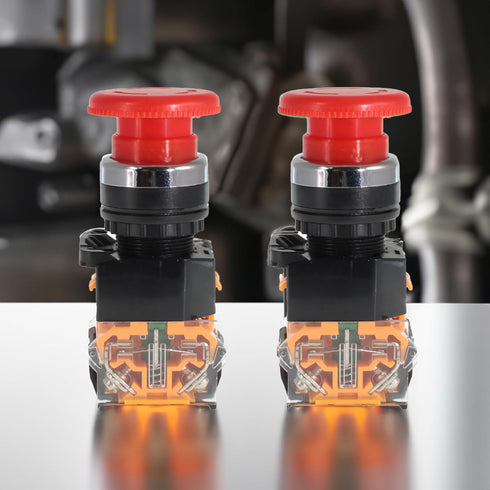 Emergency Push Button Switch, Red Mushroom Head, for Home or Industrial Equipment, Operating Rooms, Distribution Boxes, NO NC, 22mm, Stay-Put (2 pack)
