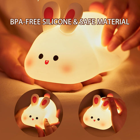 Dimmable 3 Squishy Bunny Night Light for Kids, Cute Big Face Rabbit Silicone Lamp with Timer Brightness, Easter Nursery