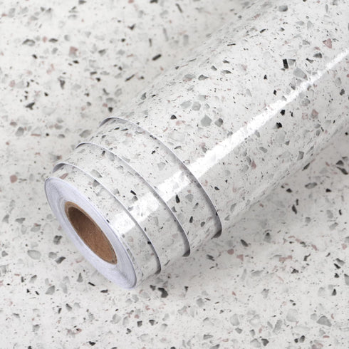 Gray White Terrazzo Contact Paper, 88" X 16" Peel and Stick Adhesive Wallpaper for Kitchen Countertop, Cabinet, Dresser