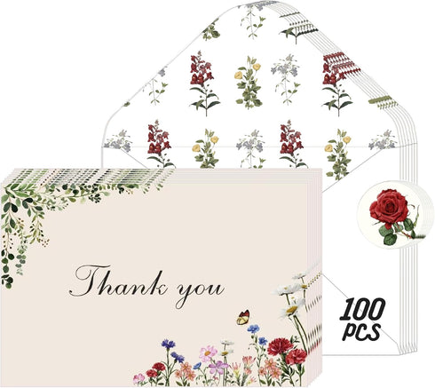 Poatel Thank You Cards with Envelopes, 100 Pack 4x6 Inch Vintage Flower Blank