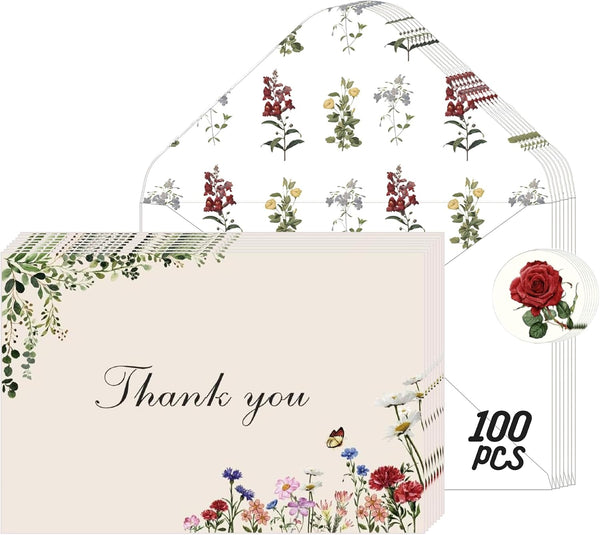 Poatel Thank You Cards with Envelopes, 100 Pack 4x6 Inch Vintage Flower Blank