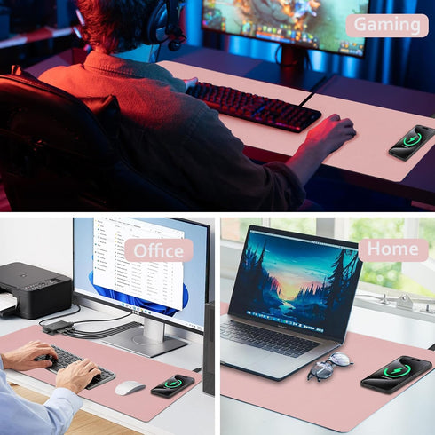 Desk Mat with Wireless Charging, Pink Mouse Pad with Charger, Large Leather Computer Mouse Pad for Keyboard and Mouse