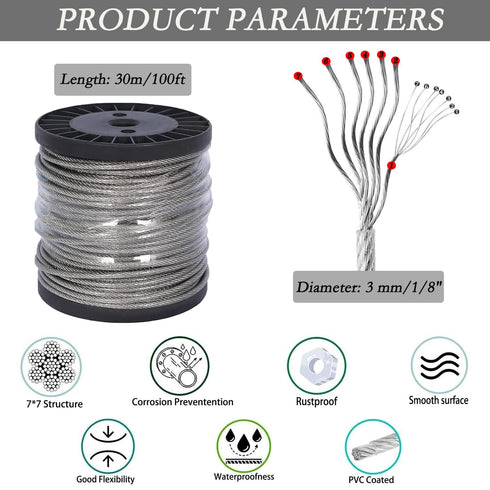 1/8 Kit,100ft M5 Wire Rope Vinyl Coated Stainless Steel Cable with Turnbuckles for Outdoor String Light Hanging Kit
