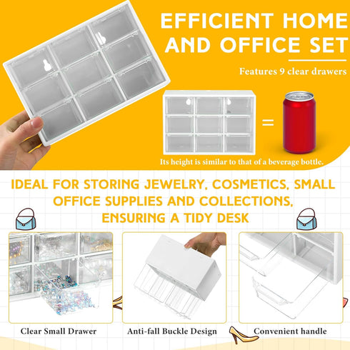 Small Drawer Organizer Set of 2, Teacher Toolbox with 9 Clear Drawers, Plastic Desktop Craft Storage Box for Home,