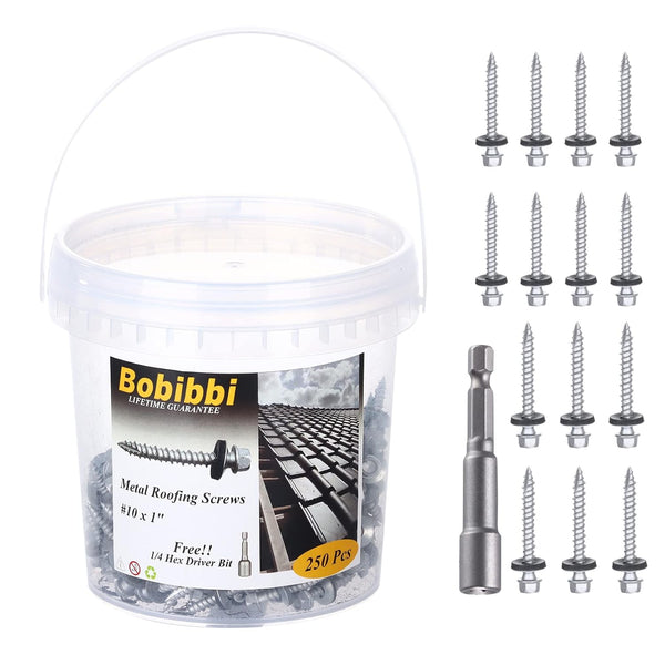Metal Roofing Screws 10 x 1 inch, Hex Head Sheet Metal Roof Screw with EPDM Washer (250Pcs) for Corrugated Roofing