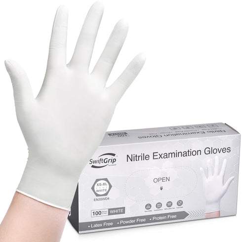 Disposable Nitrile Exam Gloves, 3-mil, Large, Box of 100, White, Latex Free for Medical, Cleaning, Cooking