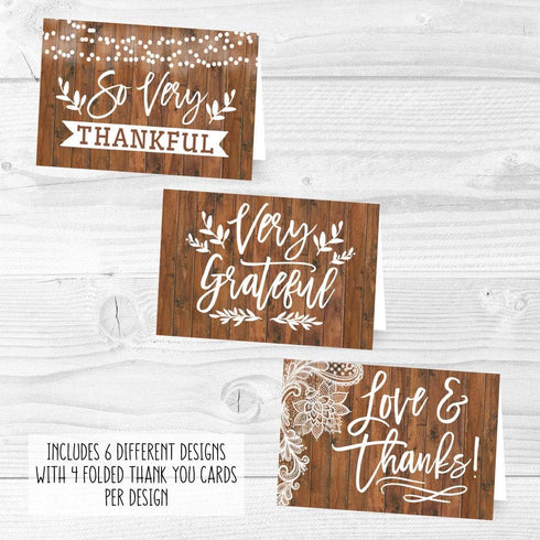 Hadley Designs 24 Rustic Wood Thank You Cards with Envelopes - Great Note for Adult Funeral Sympathy or Gift Gratitude