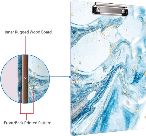 WAVEYU Cute Blue Clipboard, Letter Size with Low Profile Clip, Retractable Key Hole for Hanging Paperboard (Teal Marble)