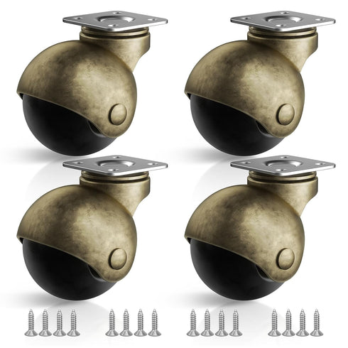 Furniture Wheels 4 Pack, 1.5 Inch Ball Caster Wheels, Brass Casters Set of 4 for Furniture, Kitchen, Cabinet