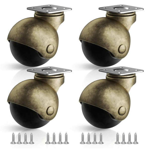 Furniture Wheels 4 Pack, 1.5 Inch Ball Caster Wheels, Brass Casters Set of 4 for Furniture, Kitchen, Cabinet