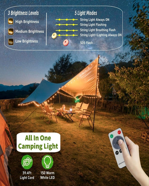 39.4 4 1 8 Solar Camping String Lights, FT Fairy String Light, in Portable Waterproof Camp LED Lamp with Lighting