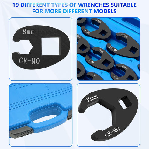ZKTOOL 3/8” and 1/2” Drive Jumbo Crowfoot Flare Nut Wrench Set, 19PC Metric Tool, 8 to 32 mm Sizes