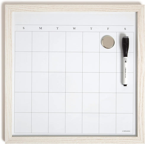 U Brands Rustic Dry Erase Calendar with White Wooden Frame, 14” x 14”