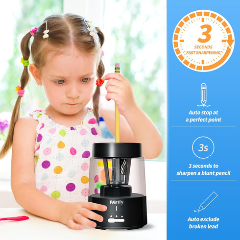 Pencil Sharpener Electric Pencil Sharpener Heavy Duty Blade Rechargeable Battery Powered Pencil Sharpeners for 6-8mm Colored Pencils Auto Stop Fast Sharpen in 3s (Black) by Minify