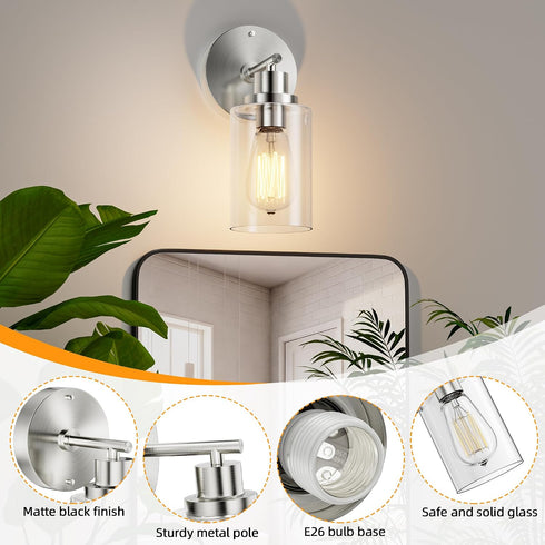 1-Light E26 Bulb GORDNWE Bathroom Wall Sconce, Brushed Nickel Vanity Light, Modern Wall Light Fixture with Clear Glass