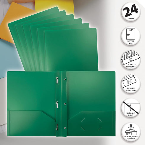 Better Office Products Green Plastic 2 Pocket Folders with Prongs, Heavyweight, Letter Size, 24 Pack