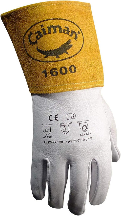 Caiman Premium Goat Grain TIG Welding Gloves, 4-Inch Gold Extended Cuff, Unlined, White/Gold, Medium (1600-4)