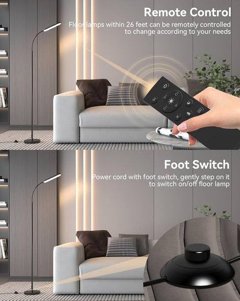 LED Floor Lamp with Remote Control Foot Switch for Living Room, Stepless Adjustable Colour Temperature Brightness