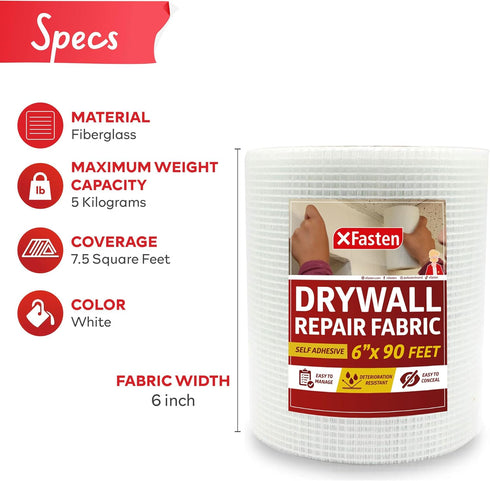 XFasten 6-Inch Drywall Repair Mesh Tape, 90-Foot Heavy Duty Fiberglass Patch Hole, Wall Crack and Seam Repair