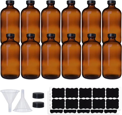 12 Pack 16 oz Amber Boston Round Glass Bottles with Black Caps for Kombucha Fermentation and Lab Chemicals (2 Funnels