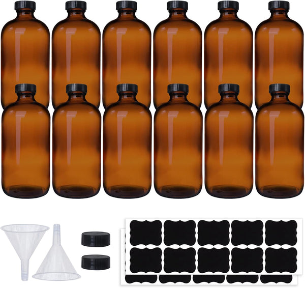 12 Pack 16 oz Amber Boston Round Glass Bottles with Black Caps for Kombucha Fermentation and Lab Chemicals (2 Funnels
