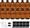 12 Pack 16 oz Amber Boston Round Glass Bottles with Black Caps for Kombucha Fermentation and Lab Chemicals (2 Funnels