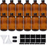12 Pack 16 oz Amber Boston Round Glass Bottles with Black Caps for Kombucha Fermentation and Lab Chemicals (2 Funnels