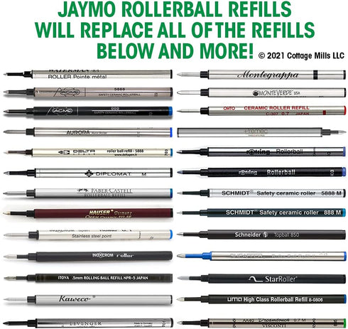 Jaymo Replacement for Waterman 540951 and Schmidt 5888 - Rollerball Pen Refill - 6 Black, Measures 4.3 in / 109 mm Long