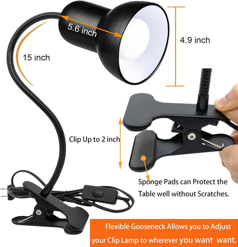 360 Desk Lamp, Rotation Clip On Reading Light - Gooseneck Lamp with Cable, Portable Clamp Light for Bedroom, Office