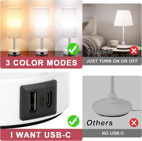 3 3000/4000/5000k Hong-in Nightstand Lamp with Color Modes - White Lamp for Bedroom with USB-C USB-A Charging Ports