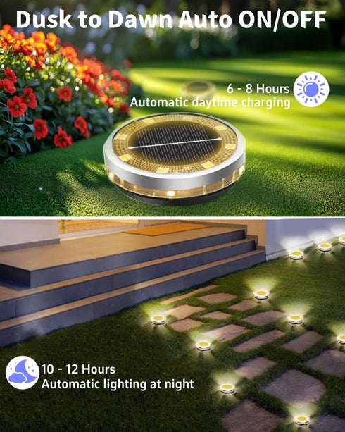 12 Pack 4 Solar Ground Lights Outdoor Waterproof, Upgraded Solar Garden Lights with Side Light, Stainless Steel Solar