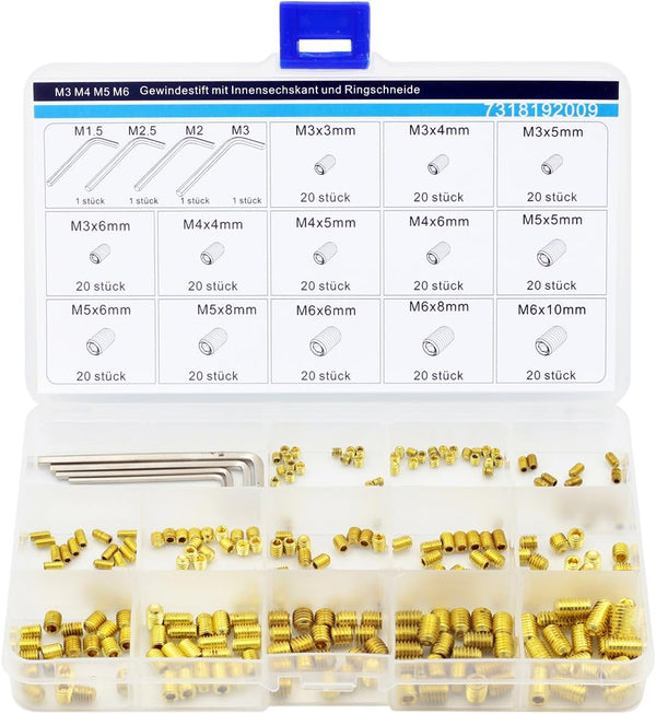 M3 M4 M5 M6 Hex Socket Set Screws - Brass Assortment Kit, 260 Pieces with Cup Point