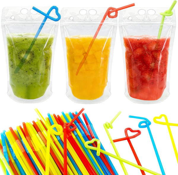 YSJFNVUI 100 Drink Pouches Straw Holes Reclosable Juice & Liquor Pouches for Adults