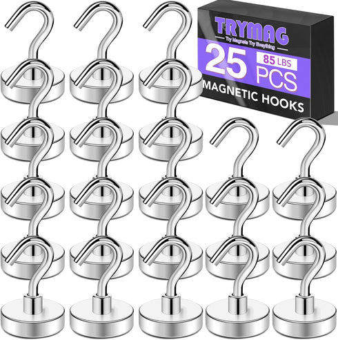 TRYMAG 25 Pack Heavy Duty Magnetic Hooks, 80Lbs+ Neodymium Magnets for Hanging, Toolbox, Grill, Cruise Cabin