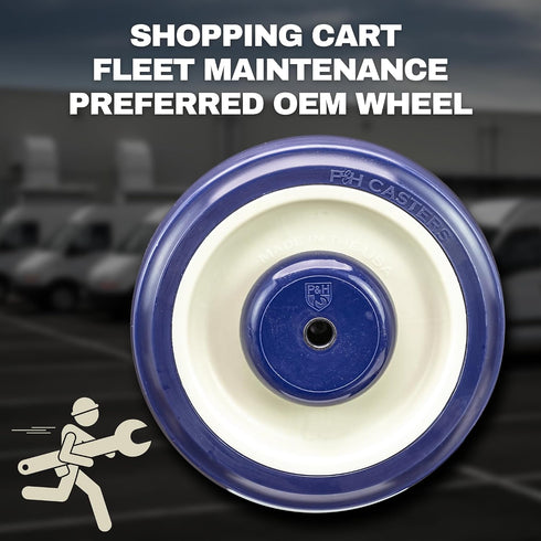 WC2054LD 5" 1.25" 5/16" 250 lb Universal Replacement Shopping Cart Wheel OEM P&H x Blue/Tan TPU Crown Tread, Dual