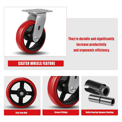 6"X2" Heavy Duty Industrial Casters, Crowned Polyurethane Tread Cast Iron Center Wheels, 1200 lbs Load Capacity