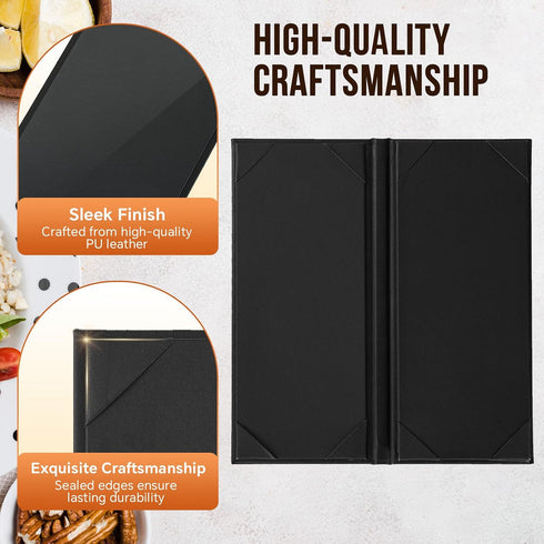 4.25" 11", 6 Pack (4 MYFULLY Restaurant Menu Holders x Black PU Leather Single Panel Menu Covers with Angled Corners