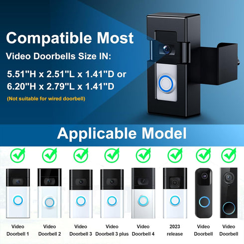 Adjustable Anti-Theft Video Doorbell Mount, No-Drill Bracket for Video Doorbell 1/2/3/3 Plus/4/2023 Release (Black)