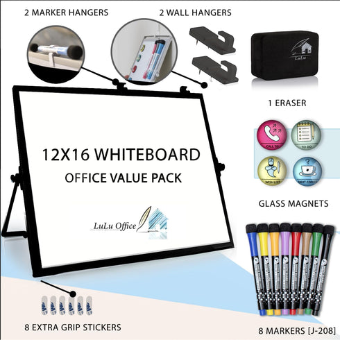Large Magnetic Dry Erase White Board 12"X16" with Black Frame, Stand, 8 Markers, 4 Magnets, Eraser for Office