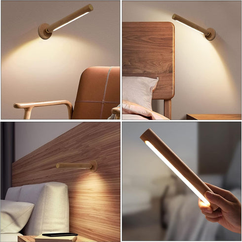 360 Dimmable TUNJINSHOU Rotatable Wooden Led - Magnetic Detachable Stepless Rechargeable Wall Light, Bedroom Living