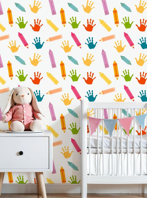 Kanworse 17.7in 32.8ft Peel and Stick Wallpaper Back to School Colorful Crayons Handprint for Kids Self-Adhesive Wall