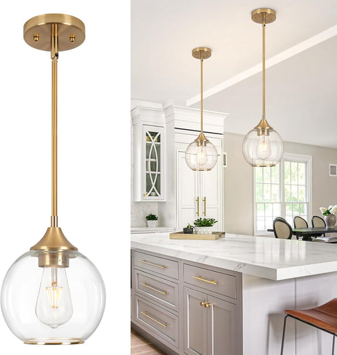 Pendant Lights Kitchen Island,Farmhouse Gold Pendant Light with Clear Glass Globe Shade,6.29"