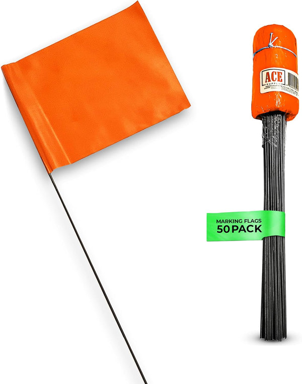 Fluorescent Orange Marking Flags for Lawn: 50 Pack 4x5-Inch Flags with 15-Inch Wire for Landscape and Survey Marking.