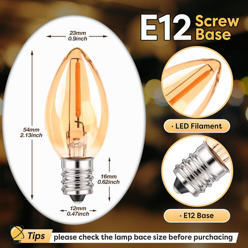 C7 LED Night Light Bulbs, 0.5W E12 Base, Warm White 2200K, Mini Bulbs for Chandelier, Nightlight, 6-Pack