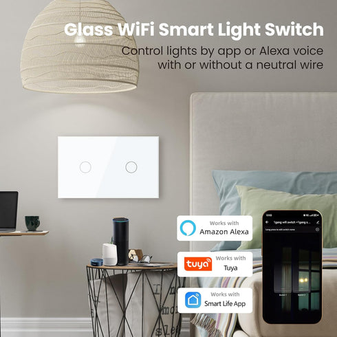 LOUYSGEN Switch,4.65 2.83 1.34 Inches,Neutral Panel,2.4GHz Alexa,110220V,Non-Dimmable,White 2 WiFi Light Wire
