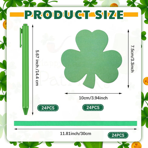 Geyee 24 Pack St. Patrick's Day Shamrock Pen with Sticky Notepad - Kids Bulk Shamrock Shaped Ballpoint Pen, Ribbons,