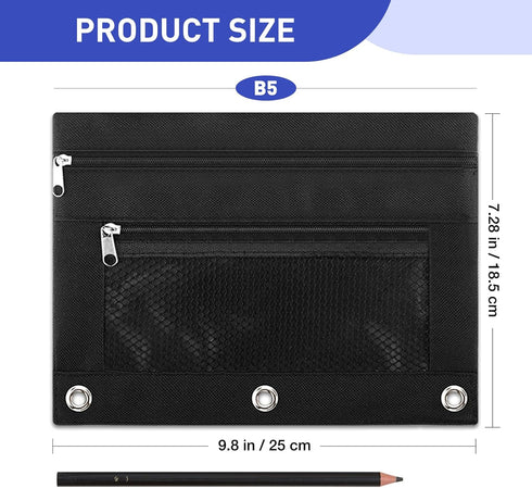 Pencil Pouch for 3 Ring Binder: 3 Ring Binder Pencil Case with 2 Zippers, Large Capacity Pencil Pouch Bulk Holder Accessories Clear Window Pencil Case Aesthetic Pencil Organizer Pockets 1Pack (Black)