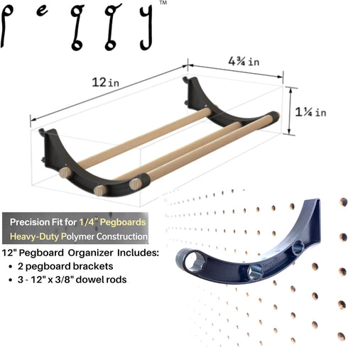 12 (3PK PEGGY Pegboard Accessory Hook and Dowel Organizer Storage for Tape, Steel Wire Spools, Ribbon, Crafts, Hobby